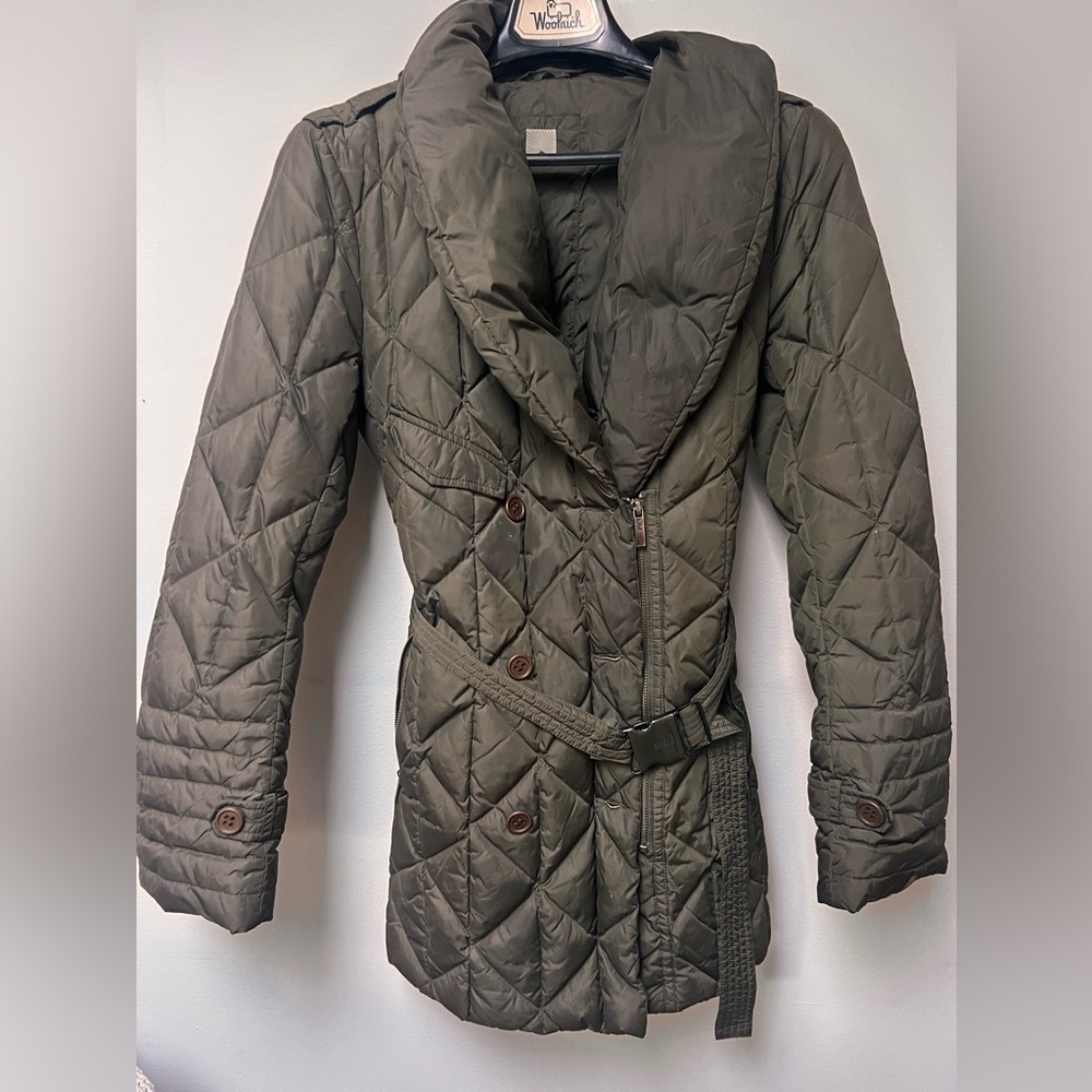 Add Down Puffer green khaki belted down puffy green military Coat size small